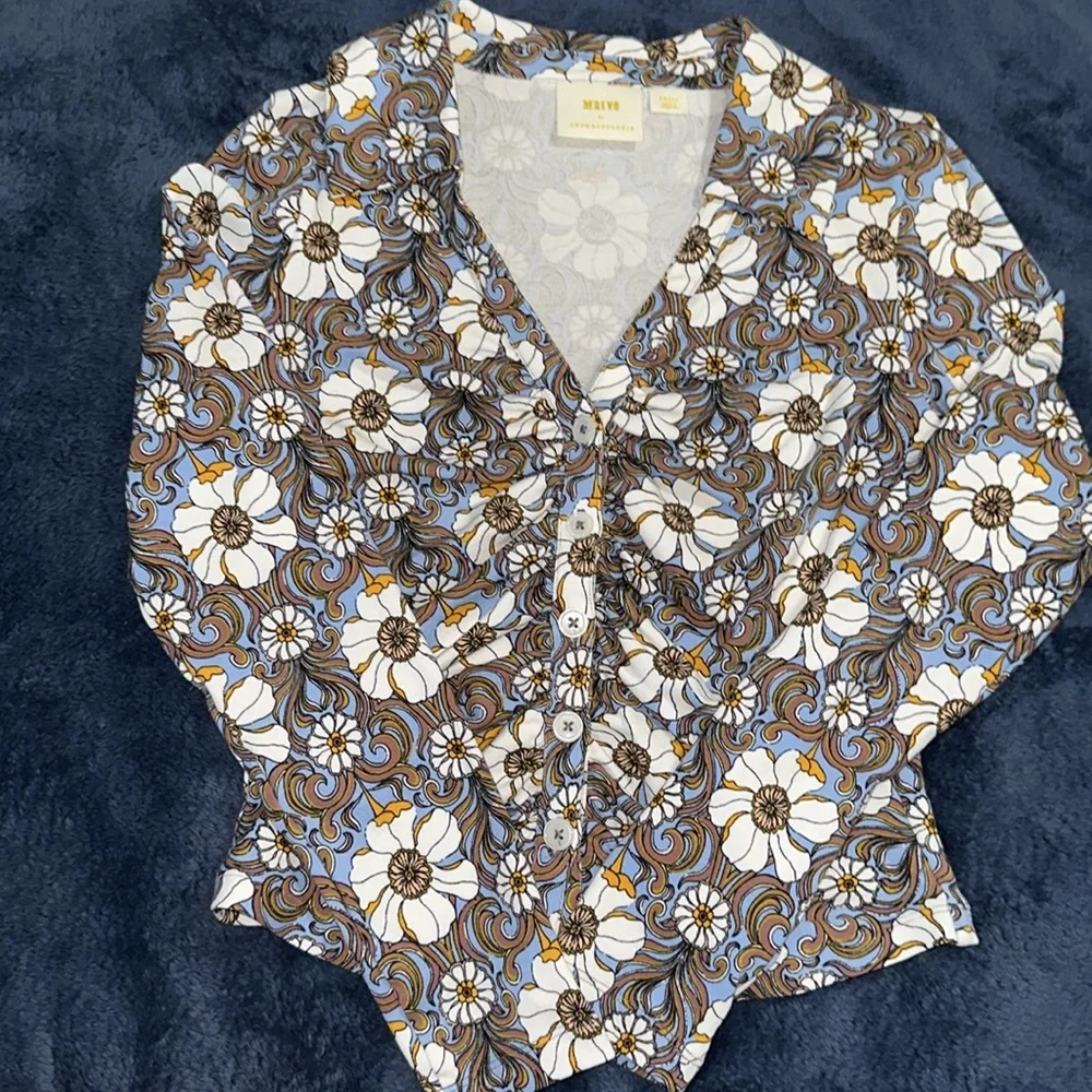 Maeve Ruched Floral Button Up Shirt - Picture 3 of 7